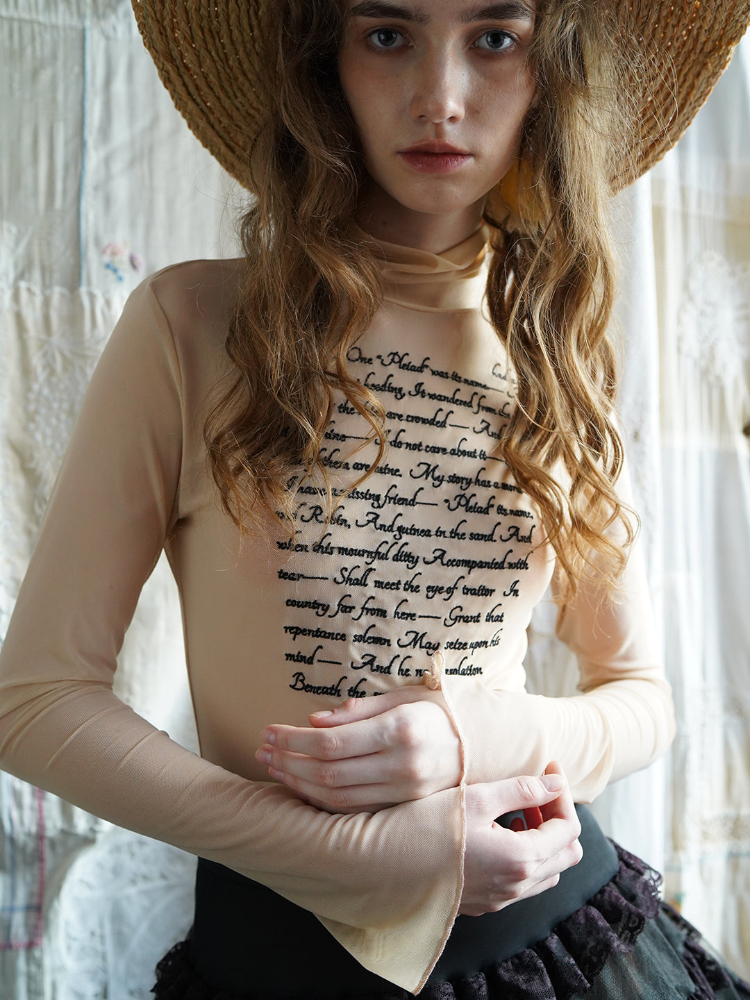 Unlogical Poem Poetry-embroidered Mesh Bottoming Shirt