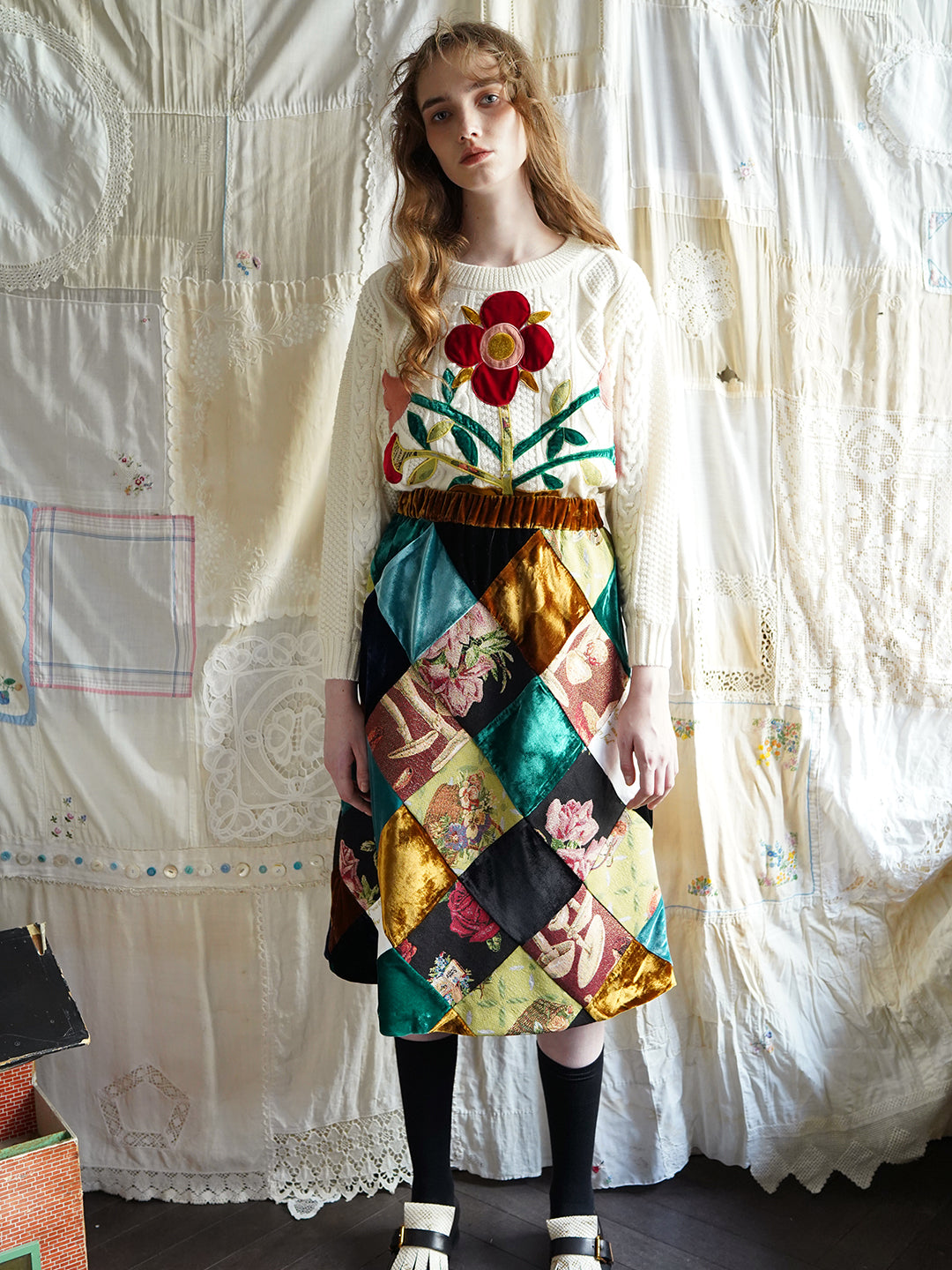 Unlogical Poem Velvet Yarn-dyed Poetry Embroidery Patchwork Skirt