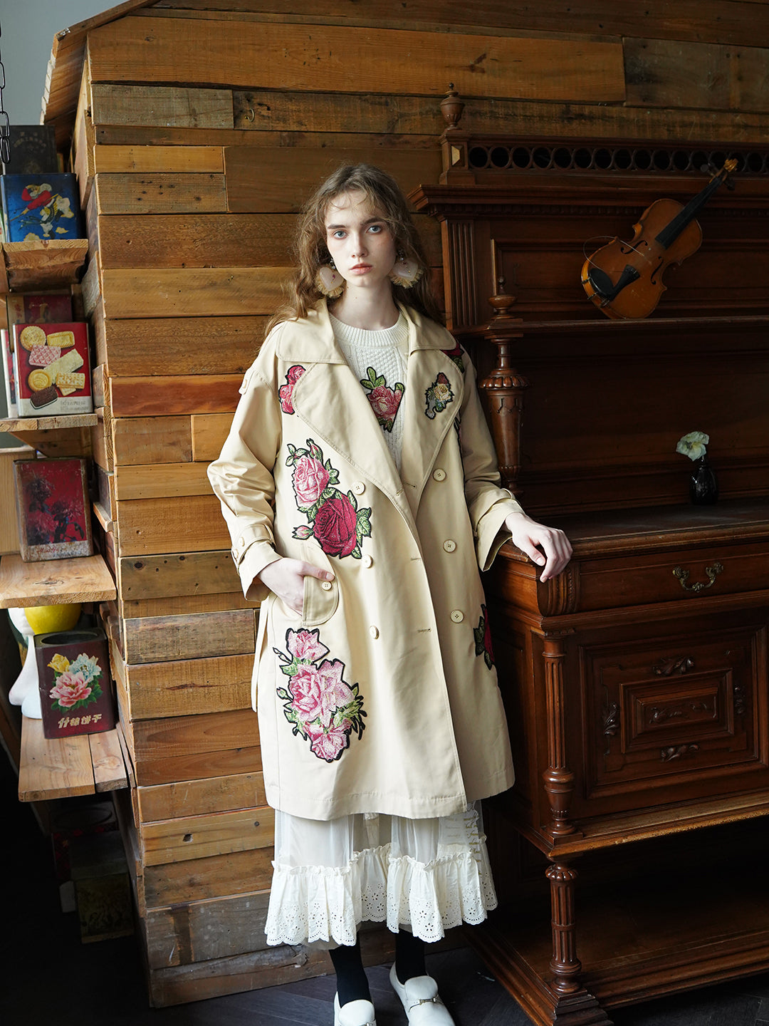 Unlogical Poem Retro Style Rose Collage Trench Coat