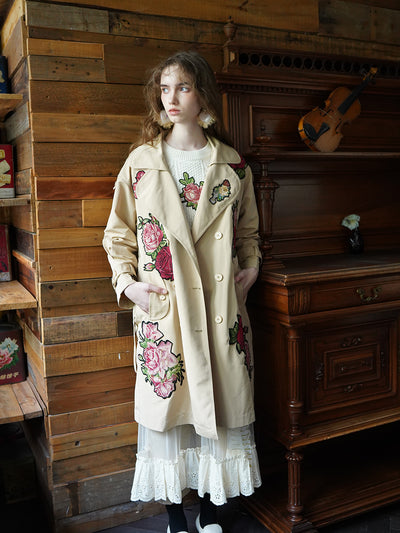 Unlogical Poem Retro Style Rose Collage Trench Coat
