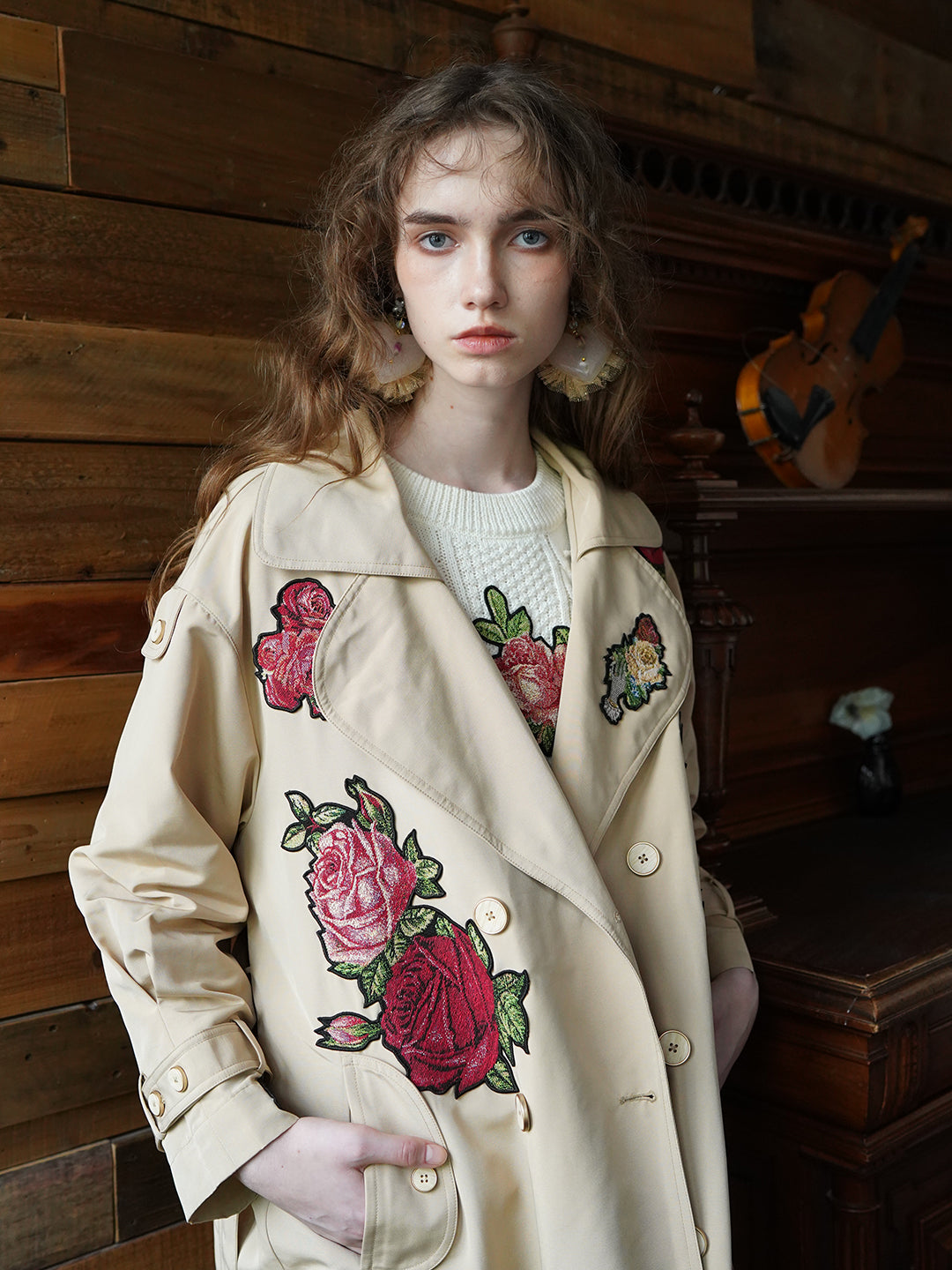Unlogical Poem Retro Style Rose Collage Trench Coat