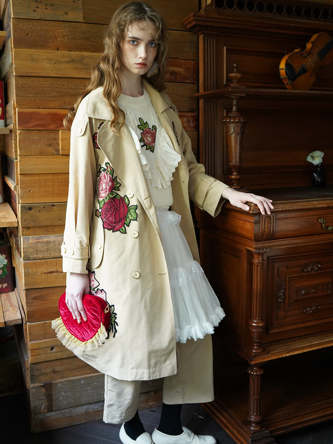 Unlogical Poem Retro Style Rose Collage Trench Coat