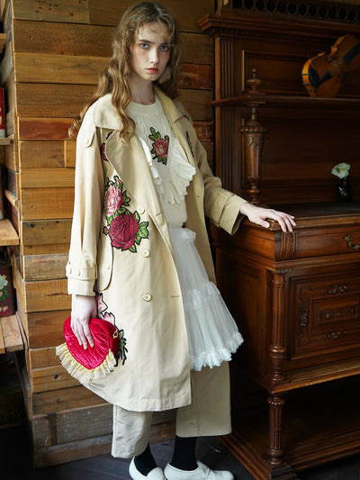 Unlogical Poem Retro Style Rose Collage Trench Coat