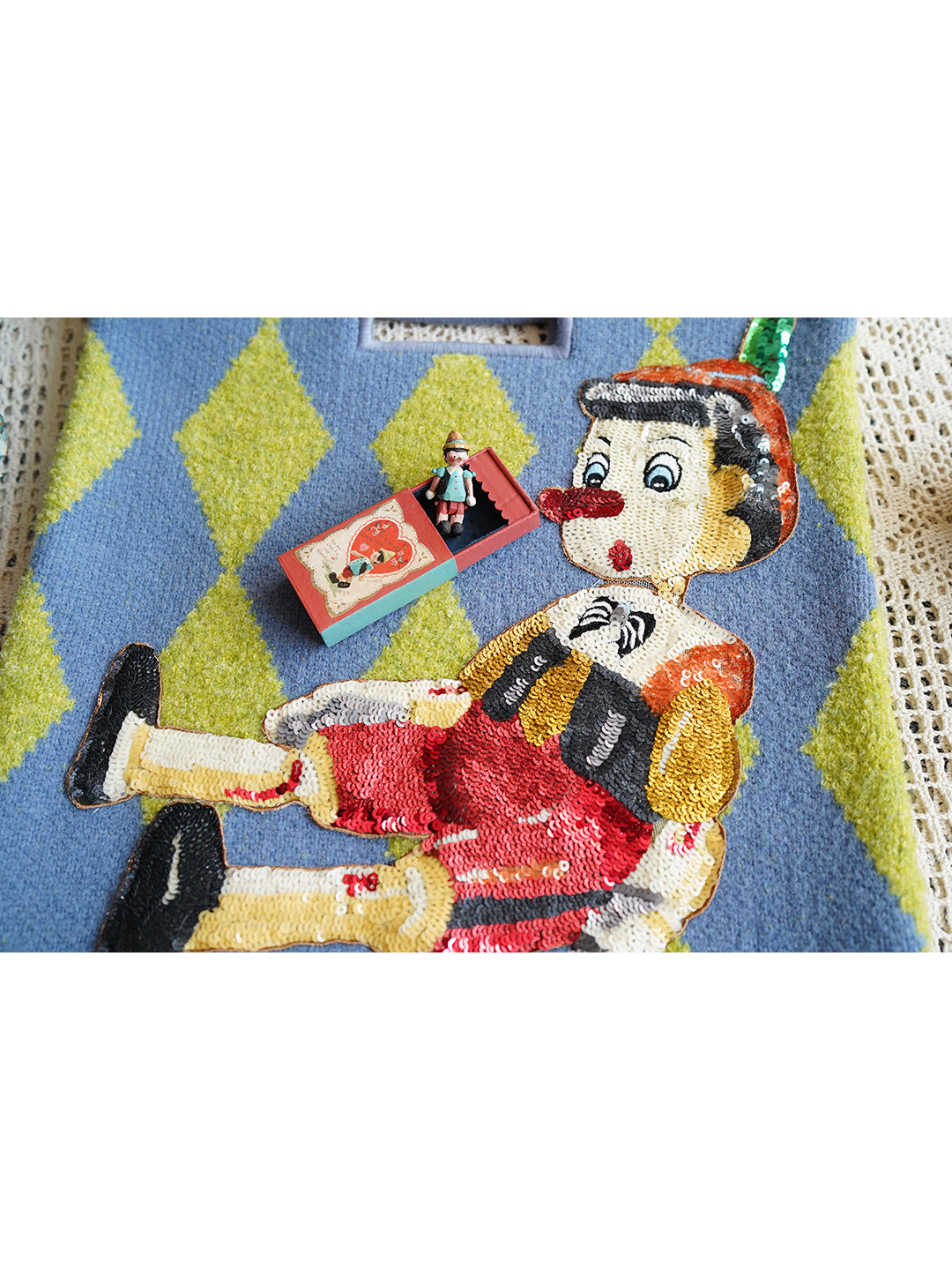 Unlogical Poem Pinocchio Sequin Embroidered Wool Handbag