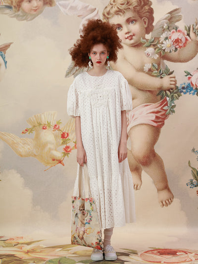 Unlogical Poem Embroidered Hand-Beaded  Puff Sleeve Cotton Dress