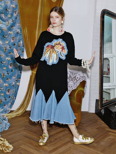 Unlogical Poem Angel Sequin Embroidered Sweatshirt and Denim Dress
