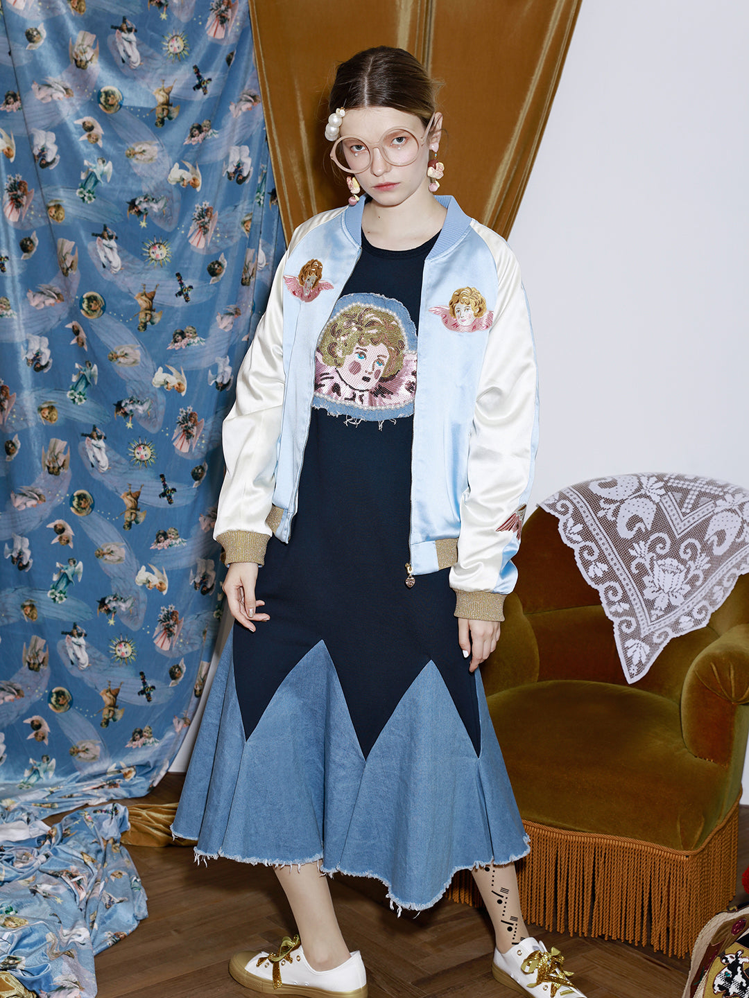 Unlogical Poem Angel Sequin Embroidered Sweatshirt and Denim Dress