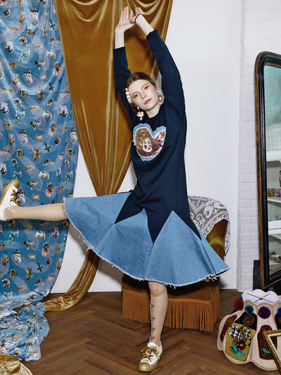 Unlogical Poem Angel Sequin Embroidered Sweatshirt and Denim Dress