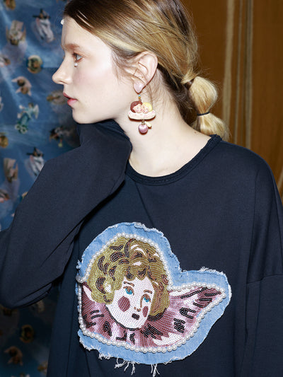 Unlogical Poem Angel Sequin Embroidered Sweatshirt and Denim Dress