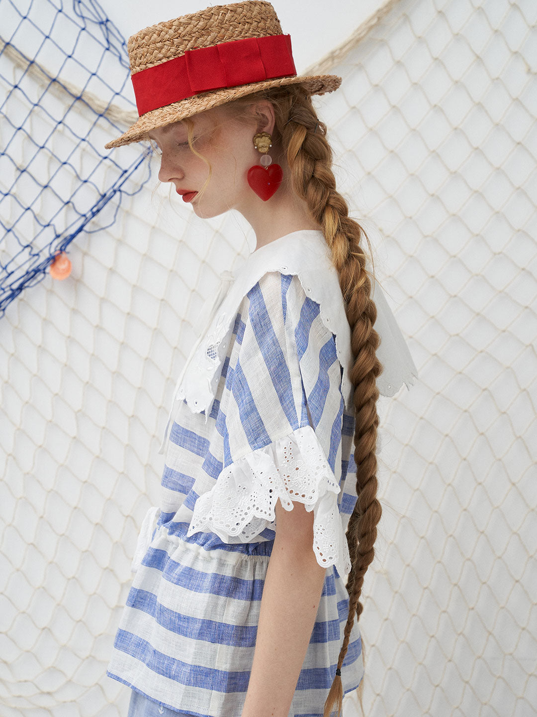 Unlogical Poem Embroidery Breton Blouse Flax Top-Red