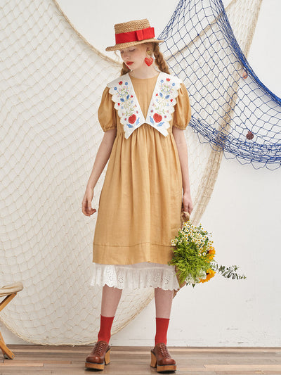 Unlogical Poem Nordic Floral Embroidery Dress-Blue