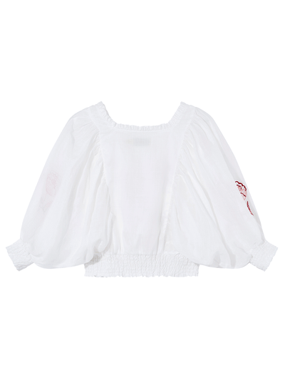Unlogical Poem Embroidered Silk Linen Batwing Sleeve Top-White