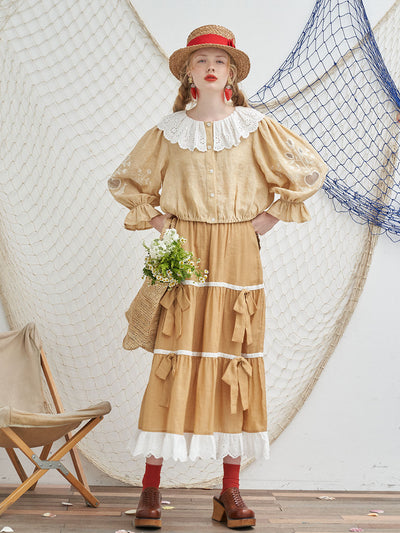 Unlogical Poem Bow Tie Patchwork Lace Skirt-Yellow