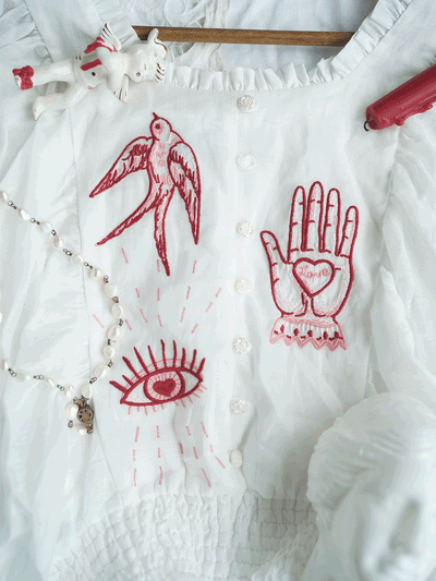 Unlogical Poem Embroidered Silk Linen Batwing Sleeve Top-Red