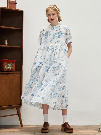 Unlogical Poem Printed Embroidered Ramie A-line Dress
