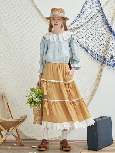 Unlogical Poem Bow Tie Patchwork Lace Skirt-Yellow