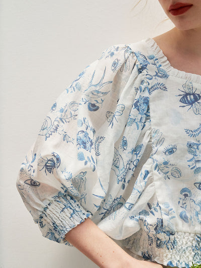 Unlogical Poem Embroidered Silk Linen Batwing Sleeve Top-Red
