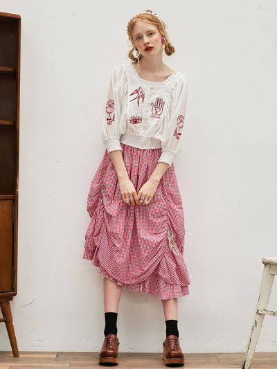 Unlogical Poem Embroidered Silk Linen Batwing Sleeve Top-Red