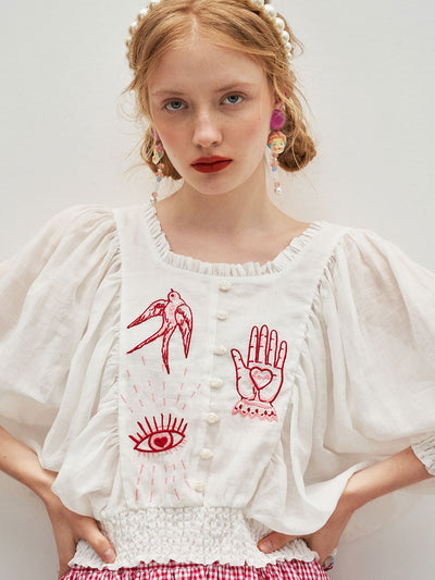 Unlogical Poem Embroidered Silk Linen Batwing Sleeve Top-Red