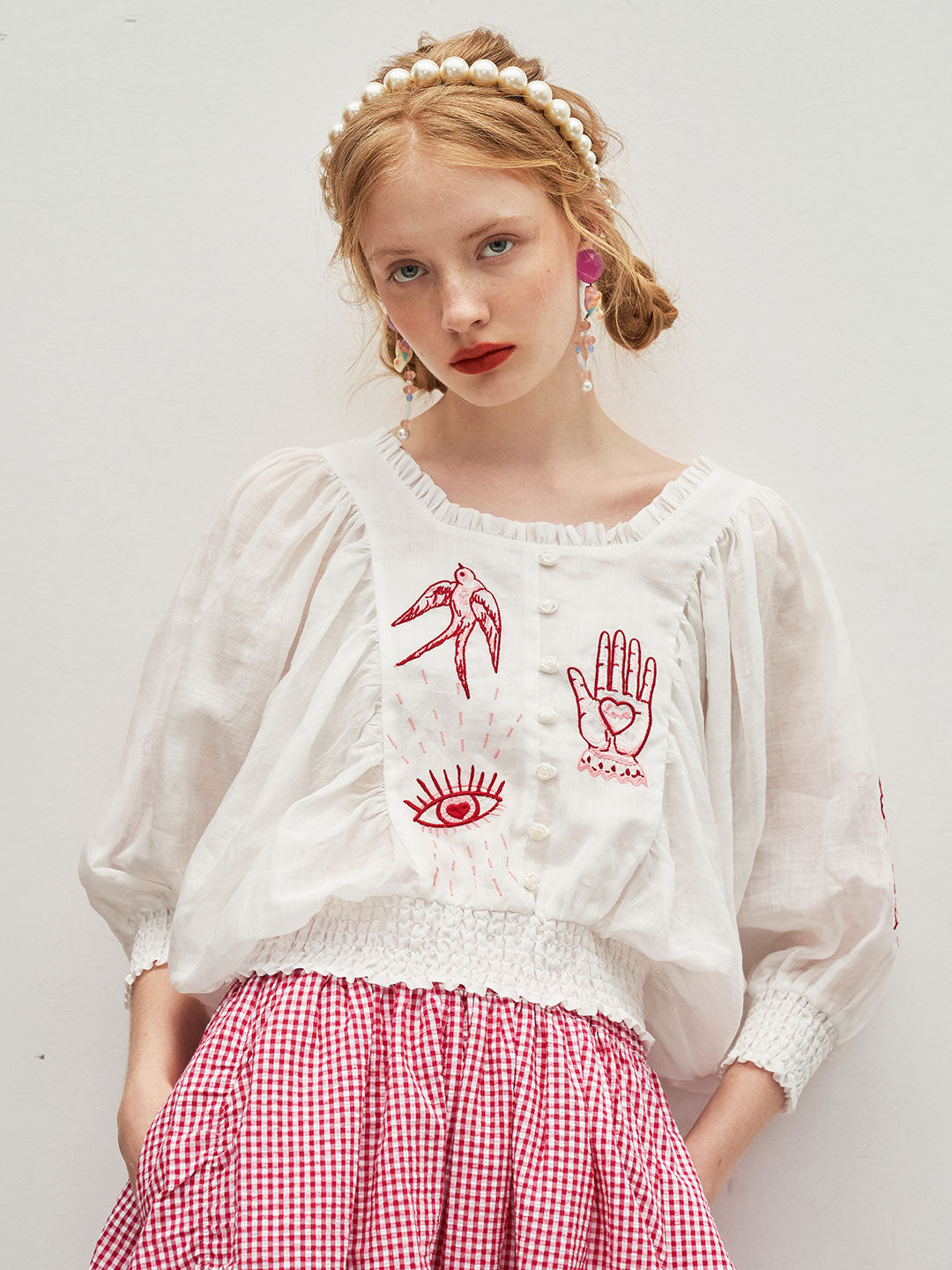 Unlogical Poem Embroidered Silk Linen Batwing Sleeve Top-Red