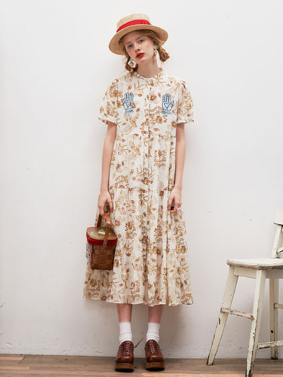 Unlogical Poem Printed Embroidered Ramie A-line Dress