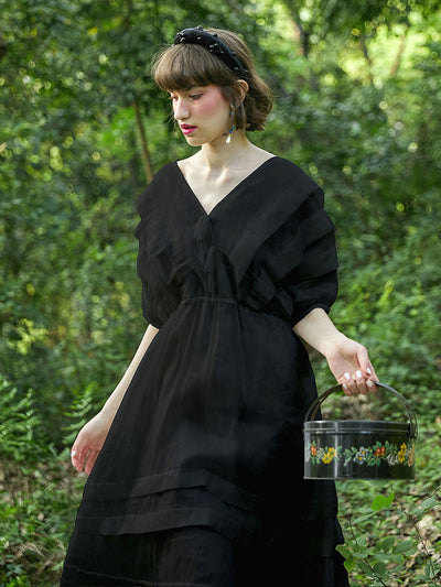 Unlogical Poem Flower Print Dress-Black