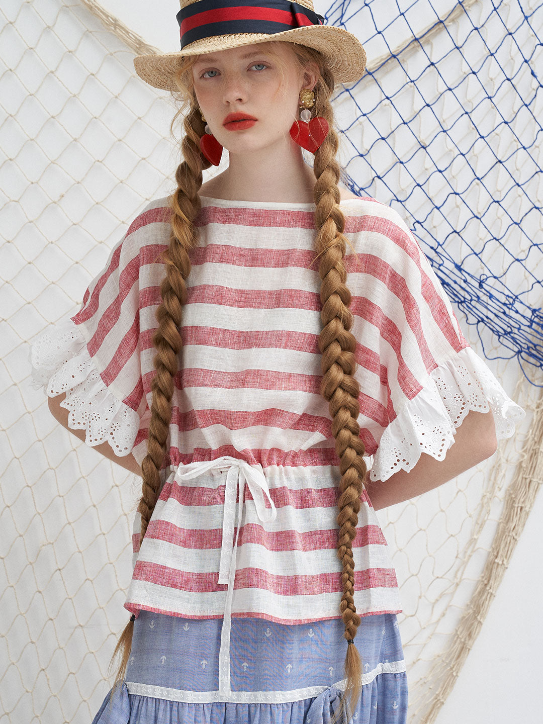 Unlogical Poem Embroidery Breton Blouse Flax Top-Red